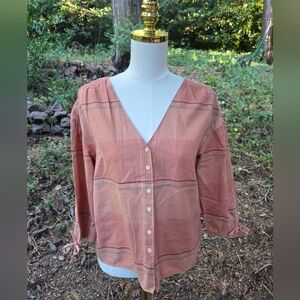 Madewell 100% Cotton Morningview V-Neck Button-Up‎ Women's Top In Peach